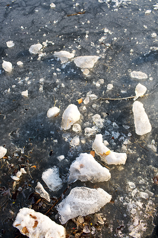 Pieces of ice on the frozen Nanchang River Marina, Xicheng, Beijing, China.