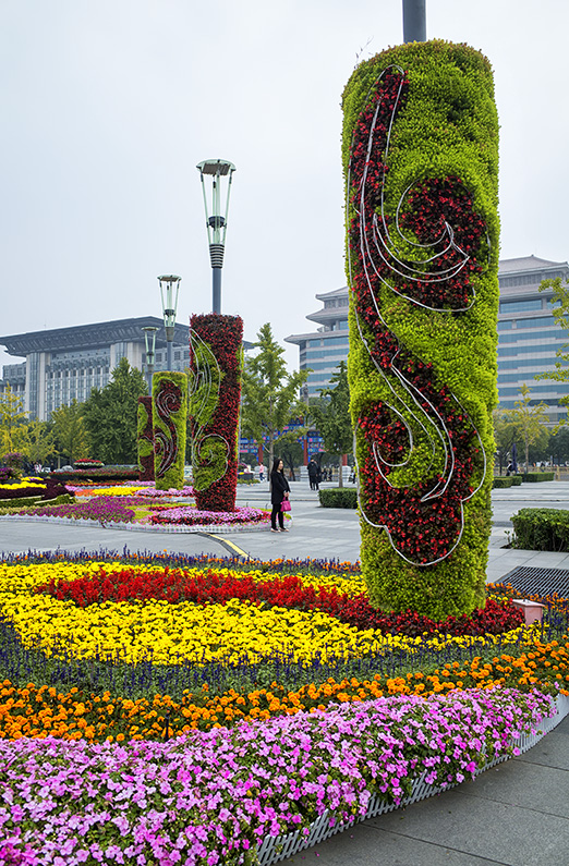 Floral decorations at Xidan Cultural Square, Xidan N Street, Xidan, Xicheng, Beijing, China.